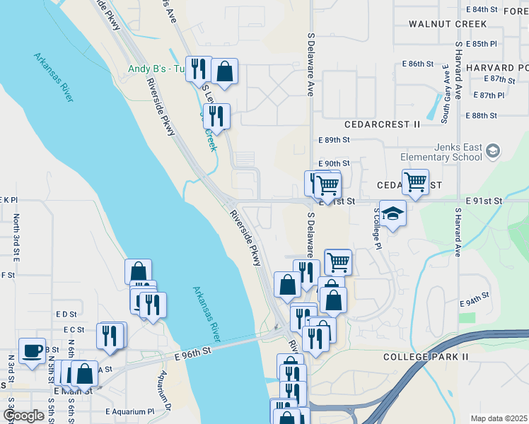 map of restaurants, bars, coffee shops, grocery stores, and more near 9227 Riverside Parkway in Tulsa