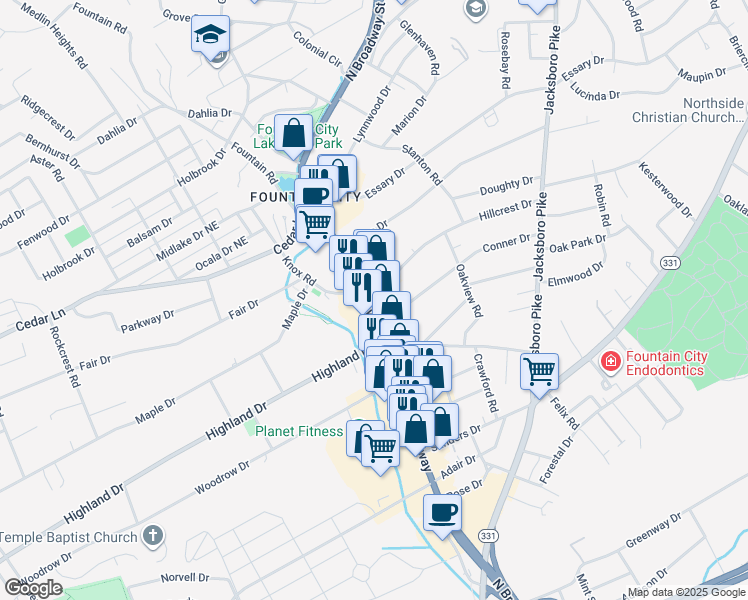 map of restaurants, bars, coffee shops, grocery stores, and more near 5036 North Broadway Street in Knoxville