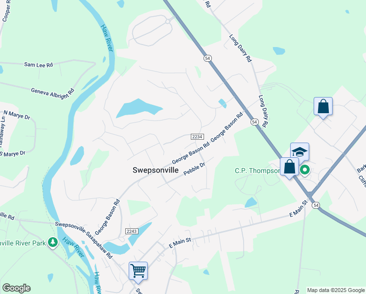 map of restaurants, bars, coffee shops, grocery stores, and more near 2269 Hickory Run in Graham