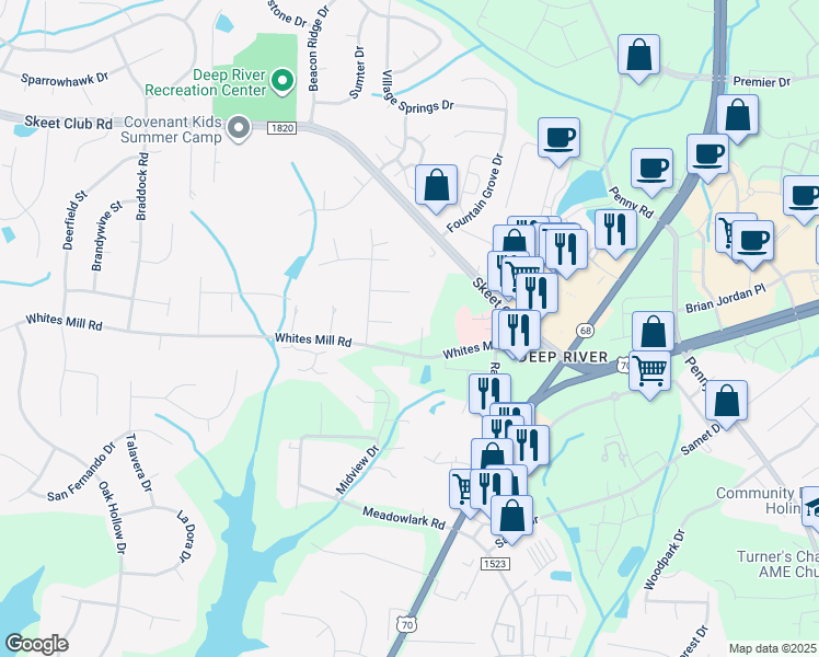 map of restaurants, bars, coffee shops, grocery stores, and more near 2219 Whites Mill Road in High Point