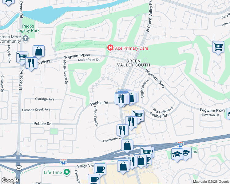 map of restaurants, bars, coffee shops, grocery stores, and more near 2201 Ramsgate Drive in Henderson