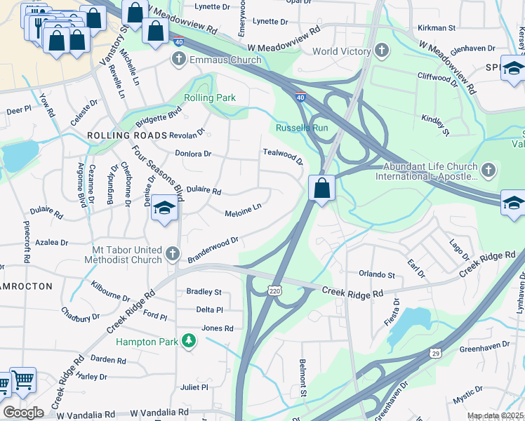map of restaurants, bars, coffee shops, grocery stores, and more near 2209 Meloine Lane in Greensboro