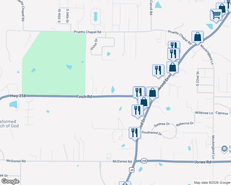 map of restaurants, bars, coffee shops, grocery stores, and more near 3001 Finch Road in Paragould