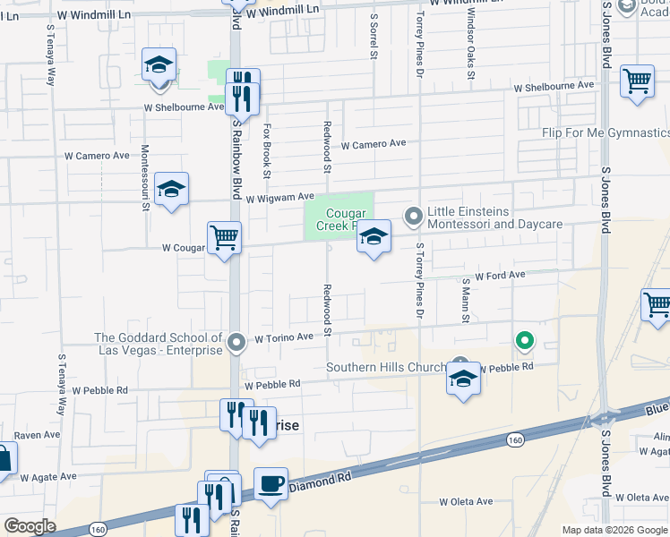 map of restaurants, bars, coffee shops, grocery stores, and more near 8660 Redwood Street in Las Vegas