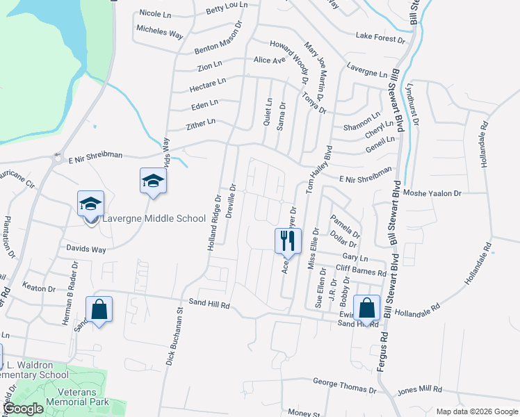 map of restaurants, bars, coffee shops, grocery stores, and more near 207 Kirkside Drive in La Vergne