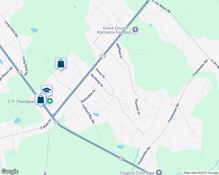 map of restaurants, bars, coffee shops, grocery stores, and more near 3378 Perrin Drive in Haw River