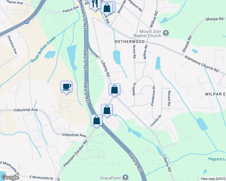 map of restaurants, bars, coffee shops, grocery stores, and more near 2822 Liberty Road in Greensboro