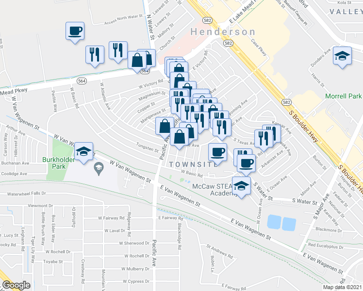 map of restaurants, bars, coffee shops, grocery stores, and more near 133 West Atlantic Avenue in Henderson