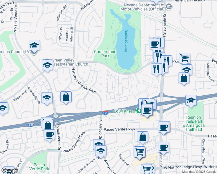 map of restaurants, bars, coffee shops, grocery stores, and more near 33 Jasmine Point Street in Henderson