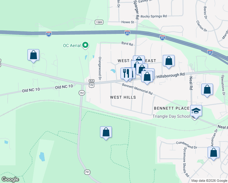 map of restaurants, bars, coffee shops, grocery stores, and more near 4824 Stafford Drive in Durham