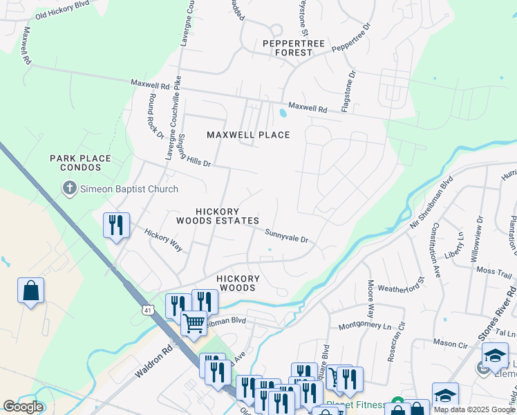 map of restaurants, bars, coffee shops, grocery stores, and more near 6300 Wildgrove Drive in Nashville