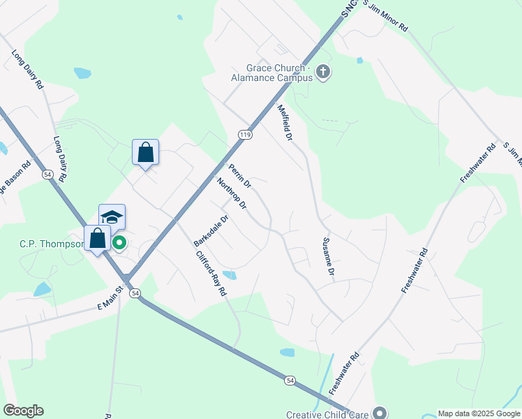 map of restaurants, bars, coffee shops, grocery stores, and more near 3378 Perrin Drive in Haw River