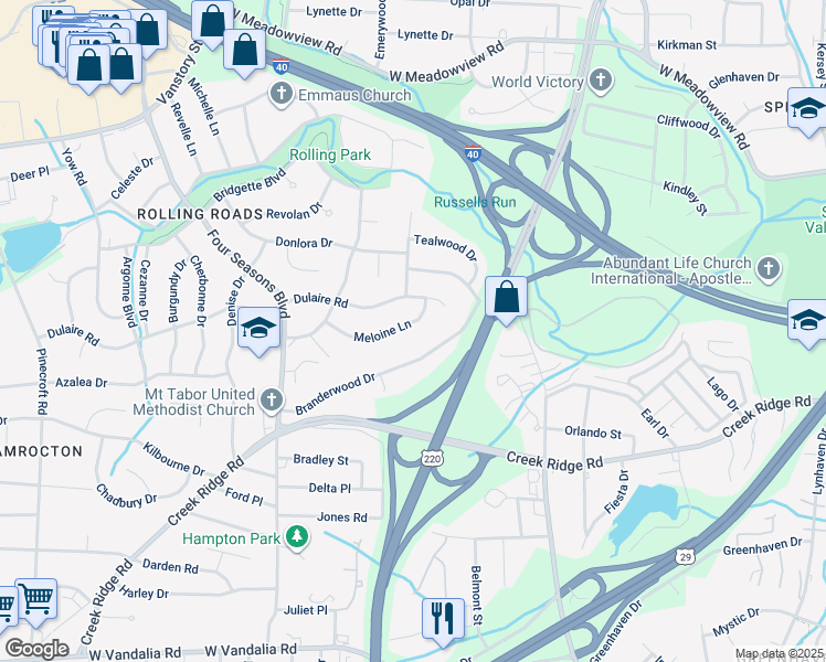 map of restaurants, bars, coffee shops, grocery stores, and more near 2209 Meloine Lane in Greensboro