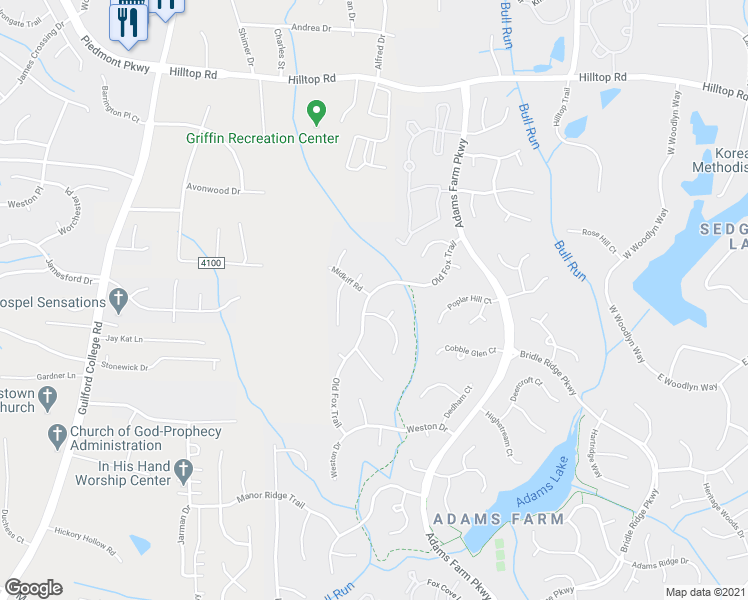 map of restaurants, bars, coffee shops, grocery stores, and more near 5629 Old Fox Trail in Greensboro