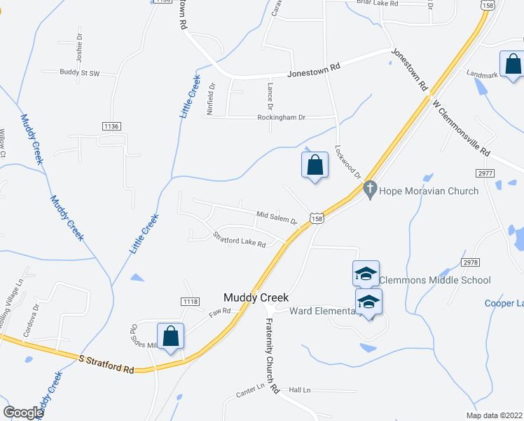 map of restaurants, bars, coffee shops, grocery stores, and more near 2459 Mid Salem Drive in Winston-Salem