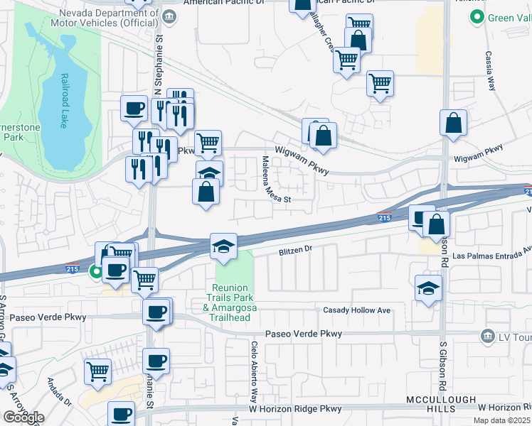 map of restaurants, bars, coffee shops, grocery stores, and more near 45 Maleena Mesa Street in Henderson