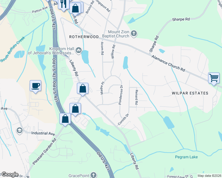 map of restaurants, bars, coffee shops, grocery stores, and more near 1402 Comstock Lane in Greensboro
