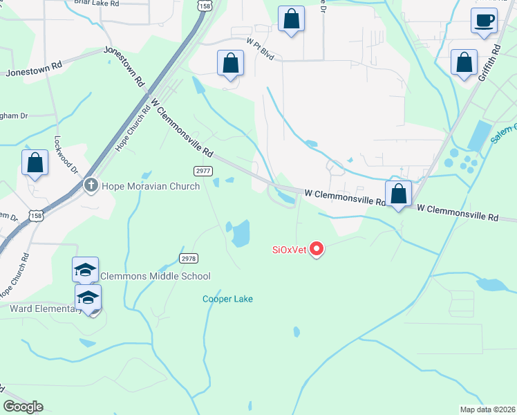 map of restaurants, bars, coffee shops, grocery stores, and more near 2514 West Clemmonsville Road in Winston-Salem