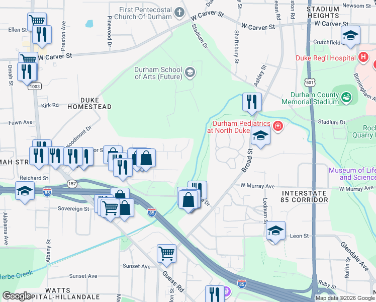 map of restaurants, bars, coffee shops, grocery stores, and more near 1817 Strebor Street in Durham