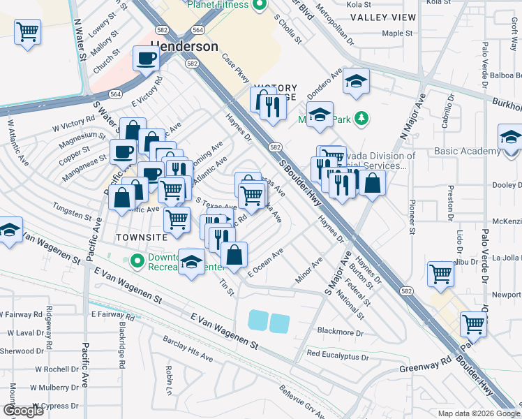 map of restaurants, bars, coffee shops, grocery stores, and more near 46 Arkansas Avenue in Henderson