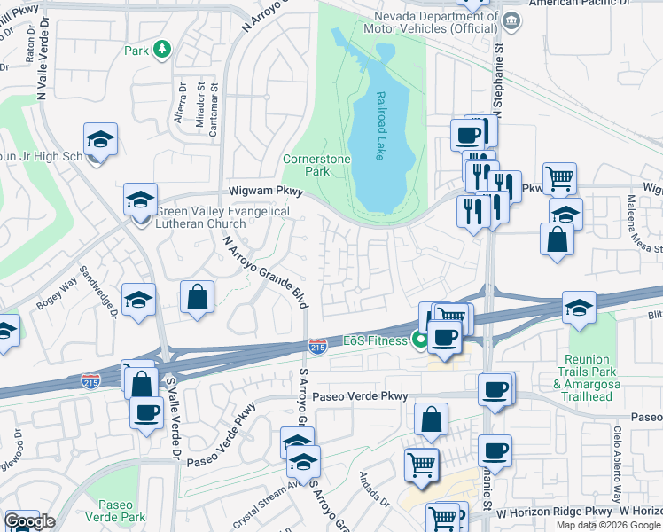 map of restaurants, bars, coffee shops, grocery stores, and more near 33 Jasmine Point Street in Henderson