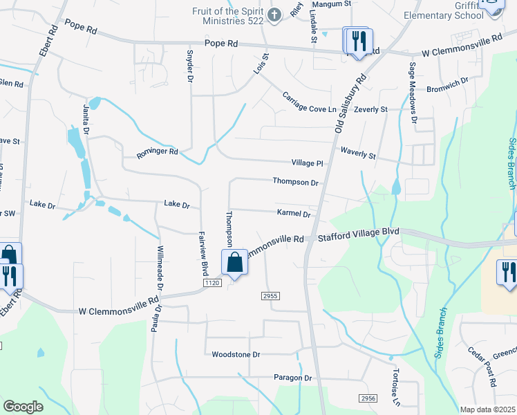 map of restaurants, bars, coffee shops, grocery stores, and more near 1705 Karmel Drive in Winston-Salem