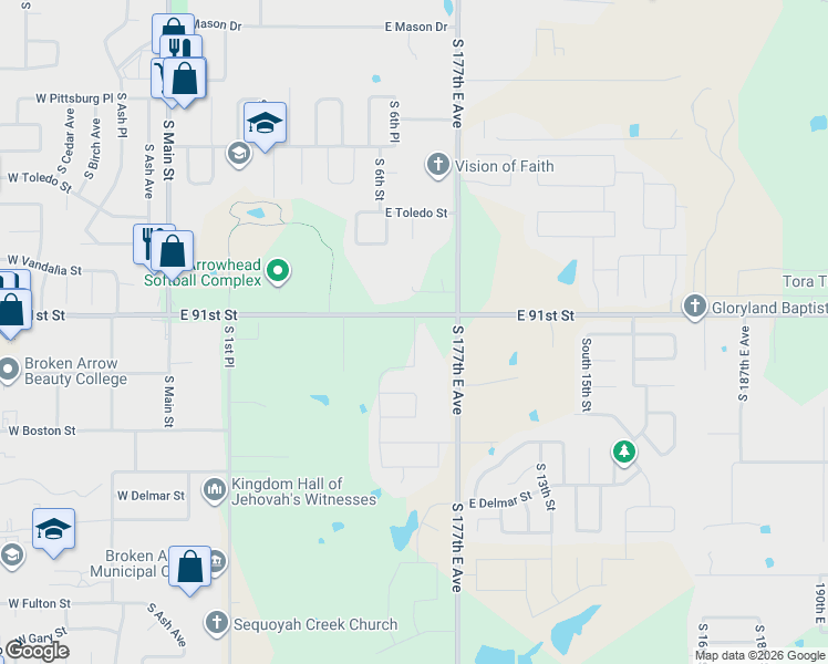 map of restaurants, bars, coffee shops, grocery stores, and more near 2301 South 7th Street in Broken Arrow
