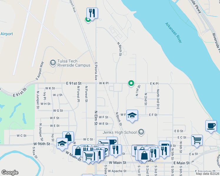 map of restaurants, bars, coffee shops, grocery stores, and more near 556 West K Place in Jenks