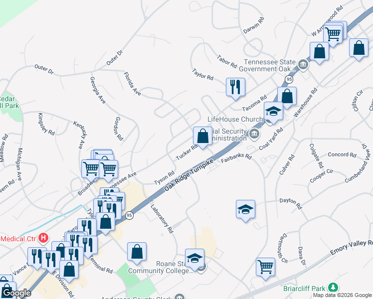 map of restaurants, bars, coffee shops, grocery stores, and more near 111 Tucker Rd in Oak Ridge