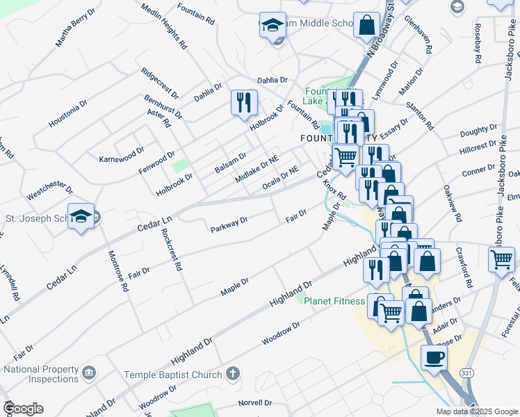 map of restaurants, bars, coffee shops, grocery stores, and more near 2419 Parkway Drive in Knoxville