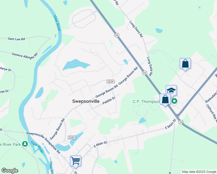 map of restaurants, bars, coffee shops, grocery stores, and more near 2210 Hickory Run in Graham