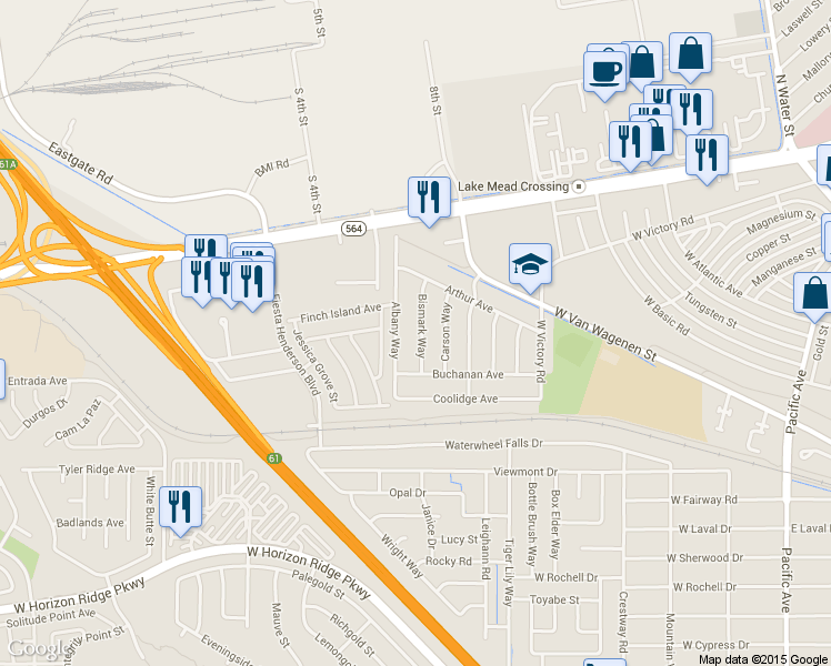 map of restaurants, bars, coffee shops, grocery stores, and more near 236 Bismark Way in Henderson