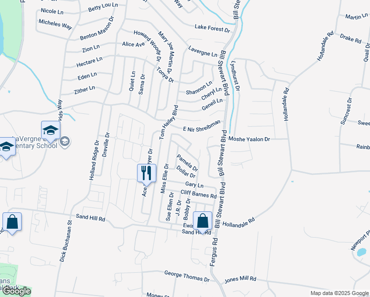 map of restaurants, bars, coffee shops, grocery stores, and more near 821 Ray Krebbs Drive in La Vergne