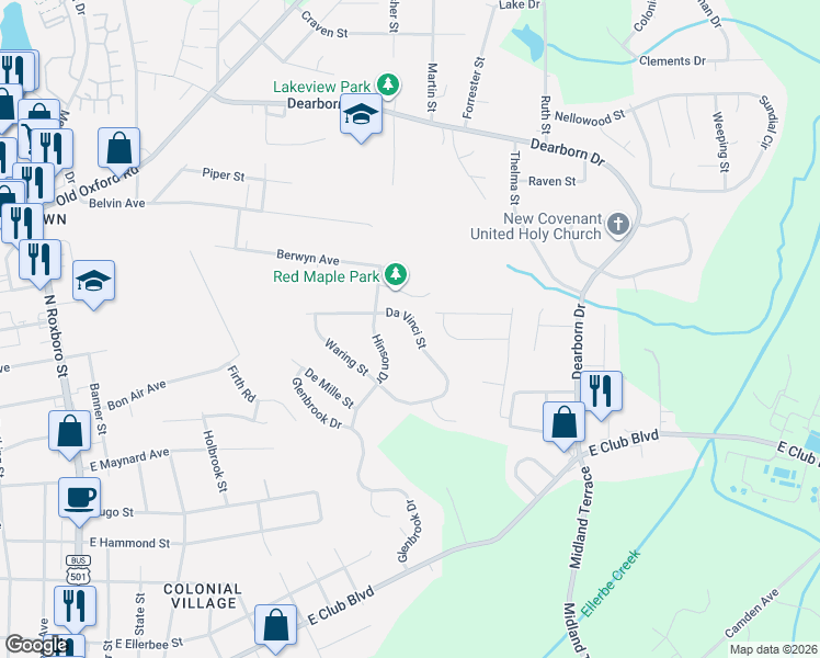 map of restaurants, bars, coffee shops, grocery stores, and more near 918 Da Vinci Street in Durham