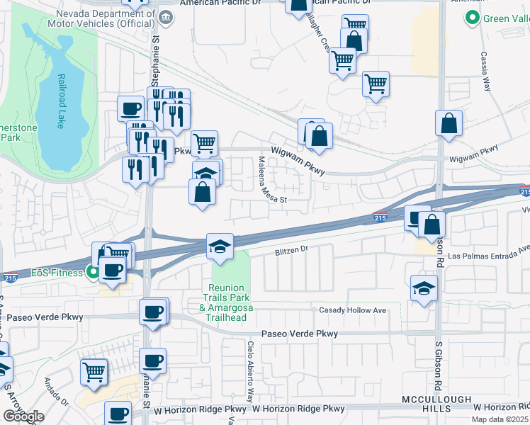 map of restaurants, bars, coffee shops, grocery stores, and more near 45 Maleena Mesa Street in Henderson
