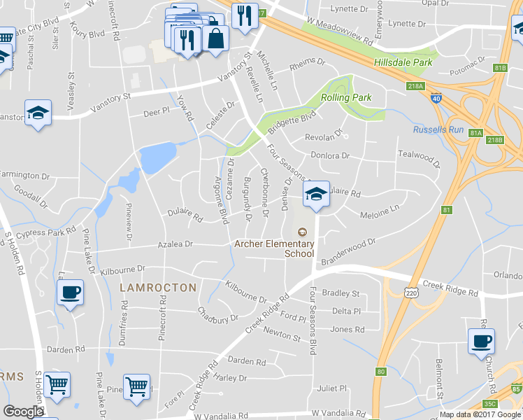 map of restaurants, bars, coffee shops, grocery stores, and more near 2609 Dulaire Road in Greensboro