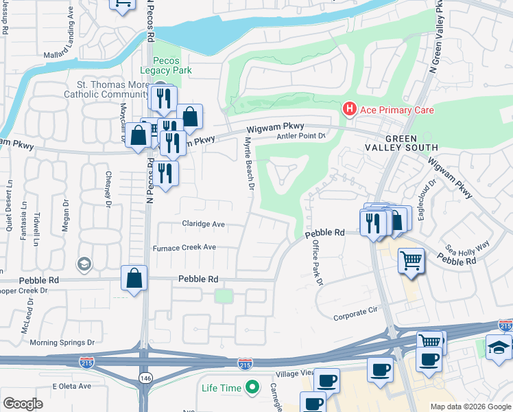 map of restaurants, bars, coffee shops, grocery stores, and more near 54 Myrtle Beach Drive in Henderson