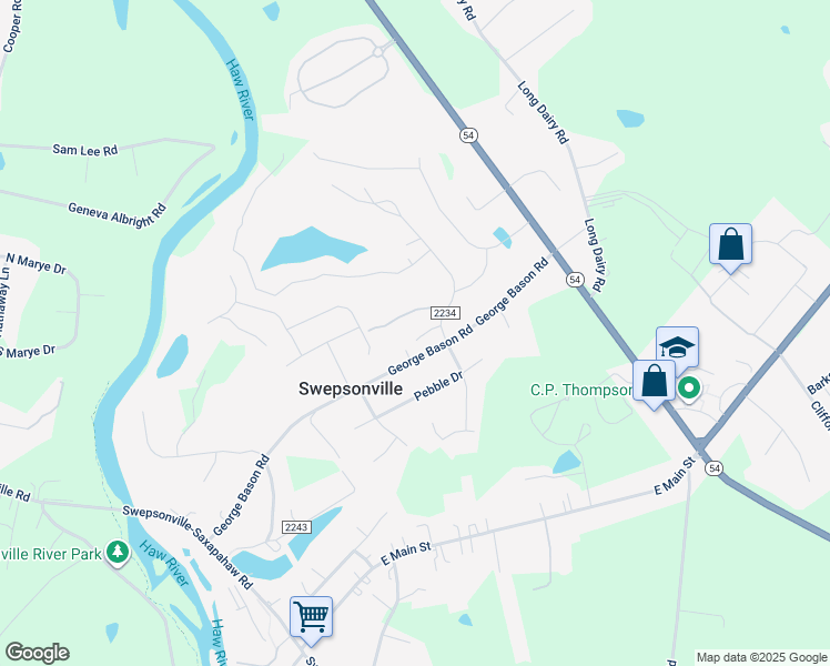 map of restaurants, bars, coffee shops, grocery stores, and more near 2257 Hickory Run in Graham