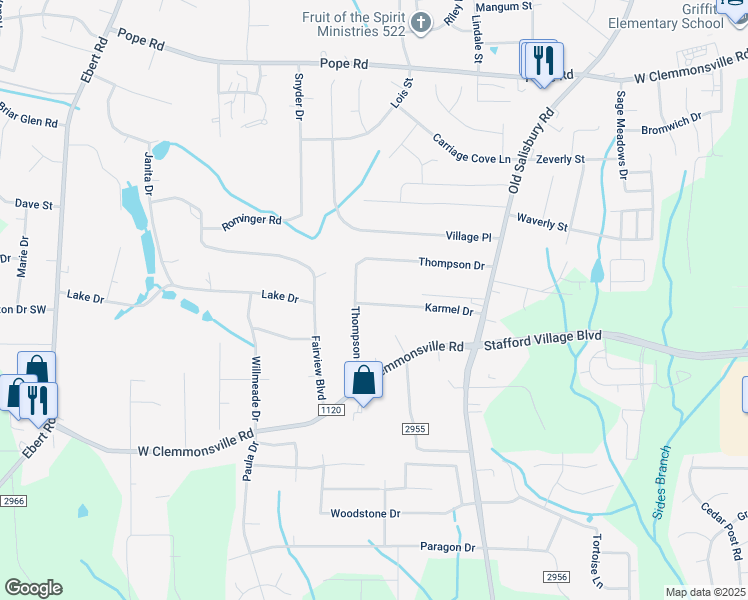 map of restaurants, bars, coffee shops, grocery stores, and more near 1727 Karmel Drive in Winston-Salem