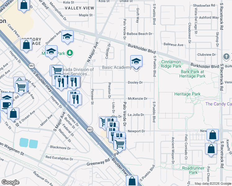 map of restaurants, bars, coffee shops, grocery stores, and more near 388 Marston Way in Henderson