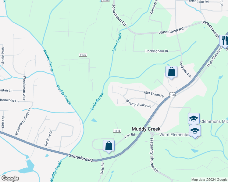 map of restaurants, bars, coffee shops, grocery stores, and more near 2605 Stratford Lake Road in Winston-Salem