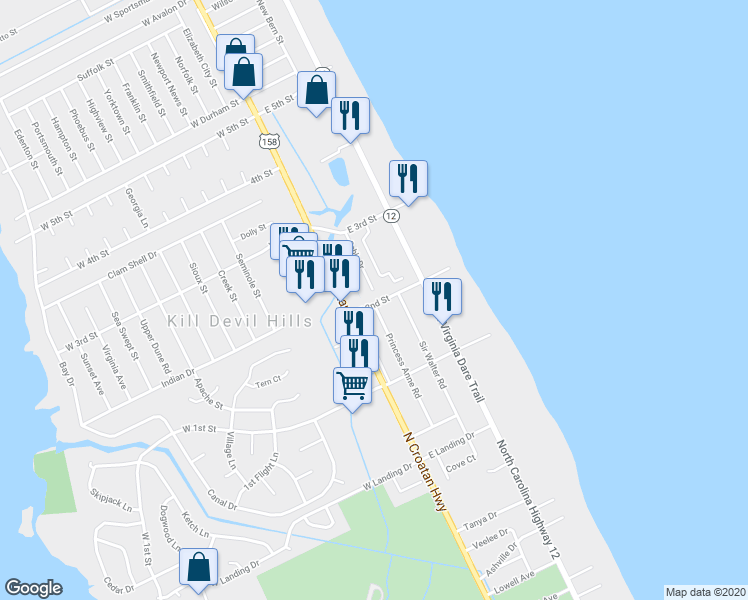 map of restaurants, bars, coffee shops, grocery stores, and more near 106 East 2nd Street in Kill Devil Hills