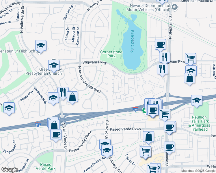 map of restaurants, bars, coffee shops, grocery stores, and more near 1611 White Mesa Court in Henderson