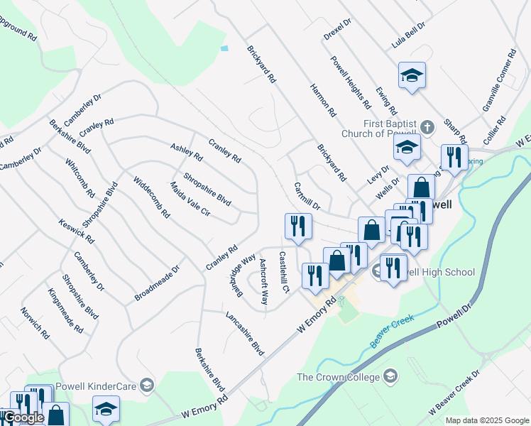 map of restaurants, bars, coffee shops, grocery stores, and more near 7700 Cranley Road in Powell