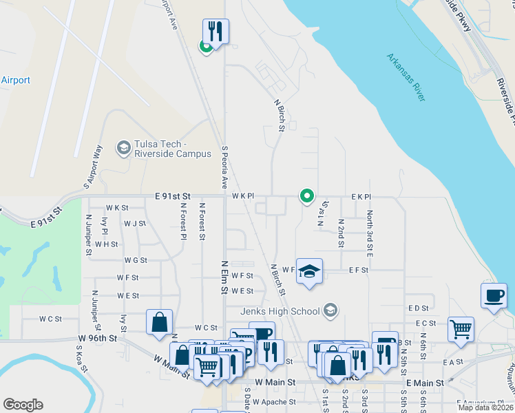 map of restaurants, bars, coffee shops, grocery stores, and more near 556 West K Place in Jenks