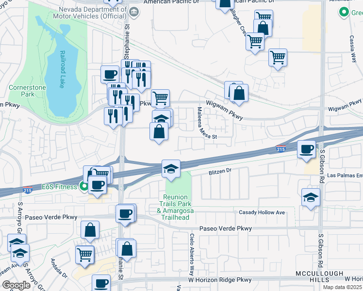 map of restaurants, bars, coffee shops, grocery stores, and more near 45 Maleena Mesa Street in Henderson