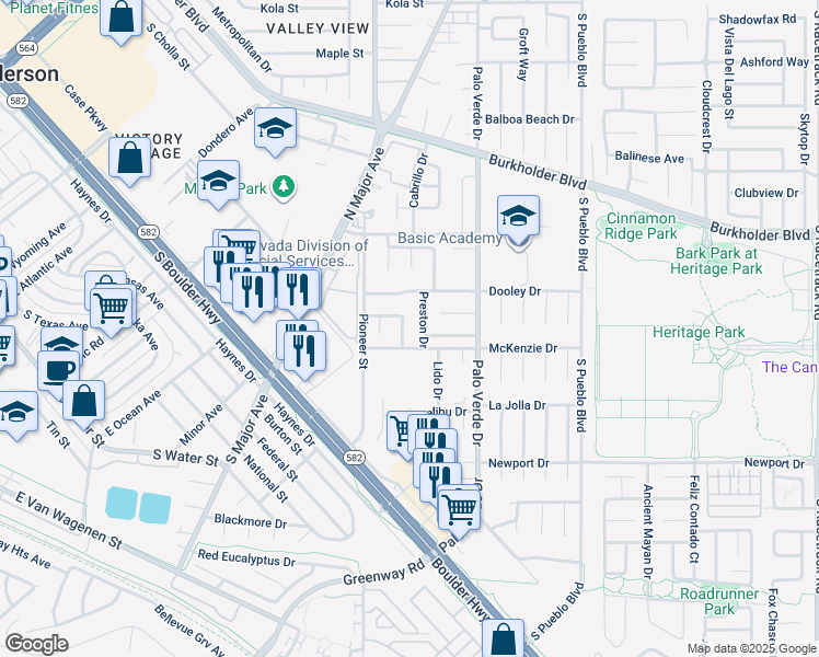 map of restaurants, bars, coffee shops, grocery stores, and more near 330 Brookshire Street in Henderson