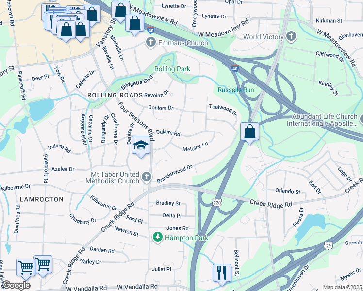 map of restaurants, bars, coffee shops, grocery stores, and more near 2222 Meloine Lane in Greensboro