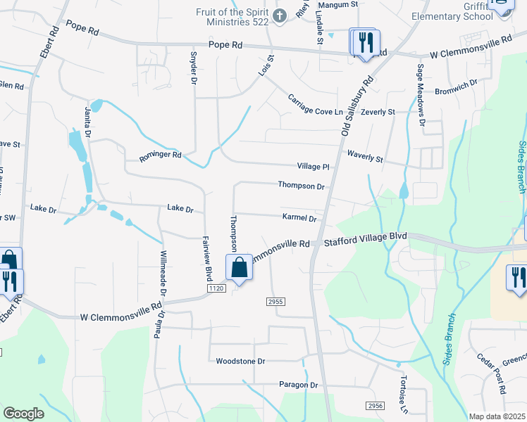 map of restaurants, bars, coffee shops, grocery stores, and more near 1705 Karmel Drive in Winston-Salem