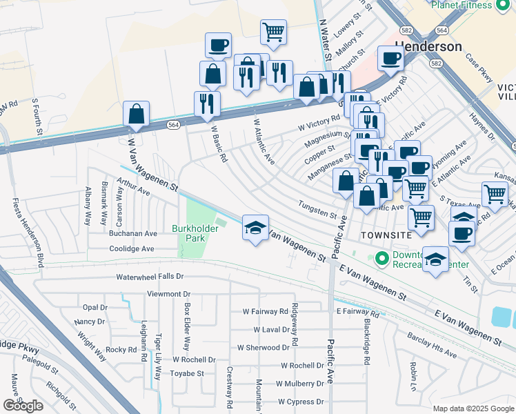 map of restaurants, bars, coffee shops, grocery stores, and more near 295 West Basic Road in Henderson
